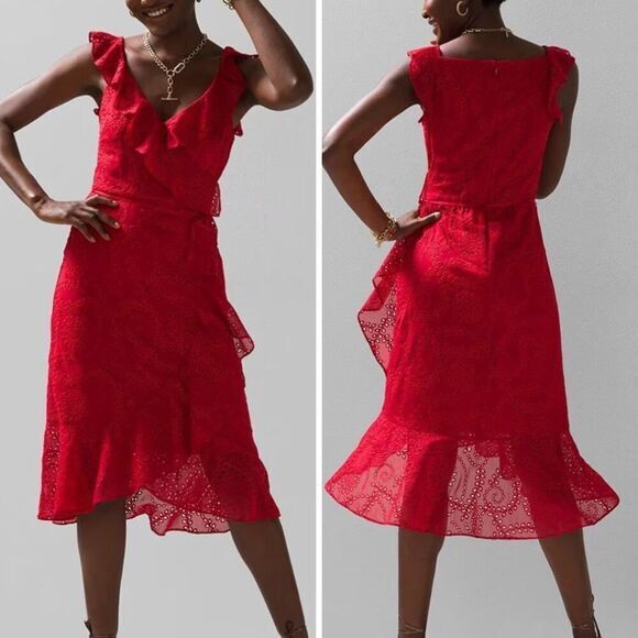 New! White House Black Market red‎ Eyelet Ruffle Wrap Dress, size 8 - Picture 1 of 16